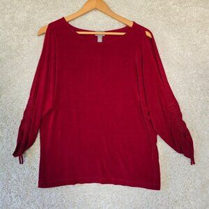 Chicos Travelers Cold Shoulder Top Womens Large Red Slinky Ruched